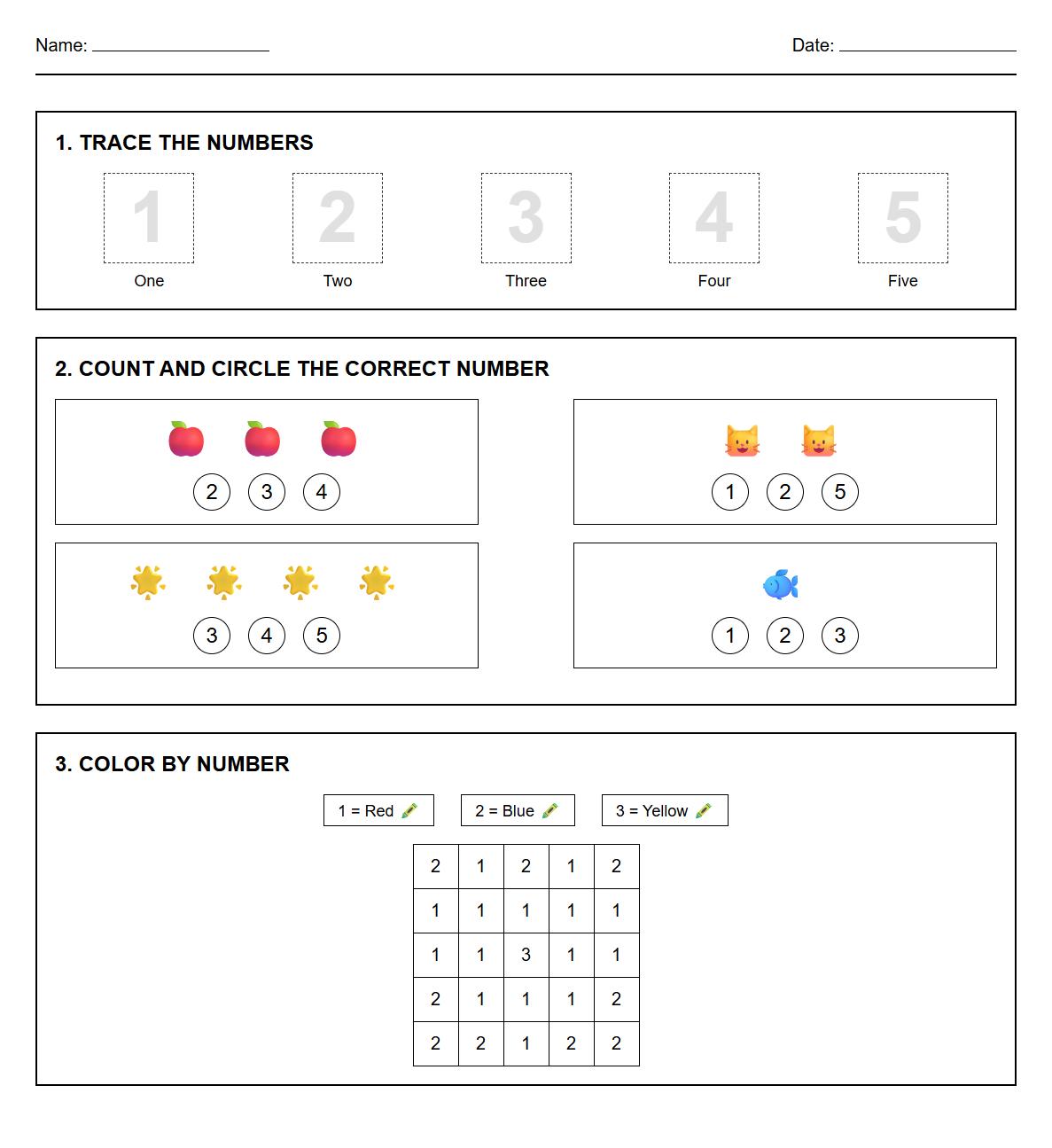 Number Sense Tracing Color by Number Activity