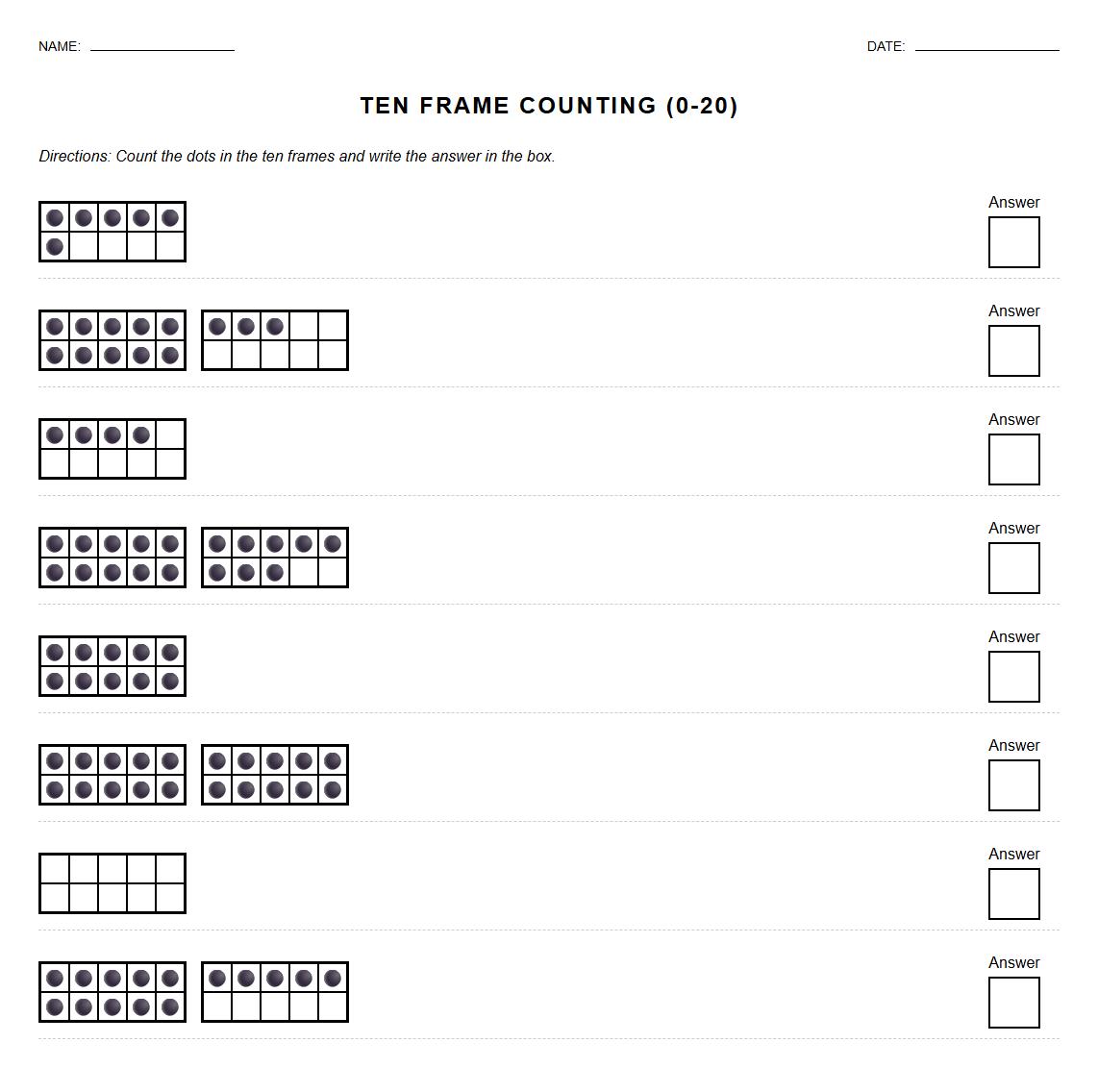 Number Sense Worksheet for Ten Frame Representation 0 to 20