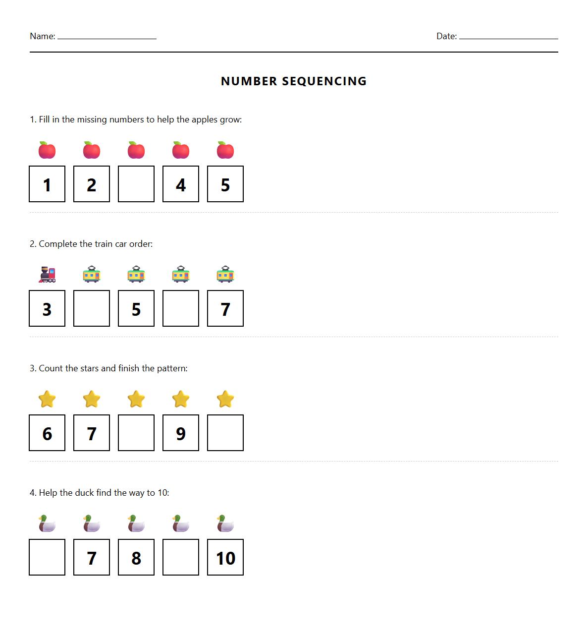 Number Sequencing Order Worksheet for Cognitive Development