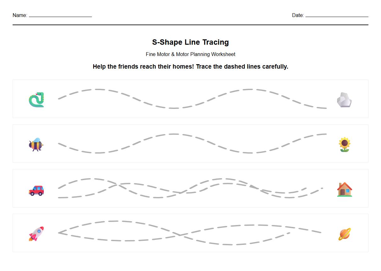 Occupational Therapy Worksheet: S Shape Line Tracing for Motor Planning