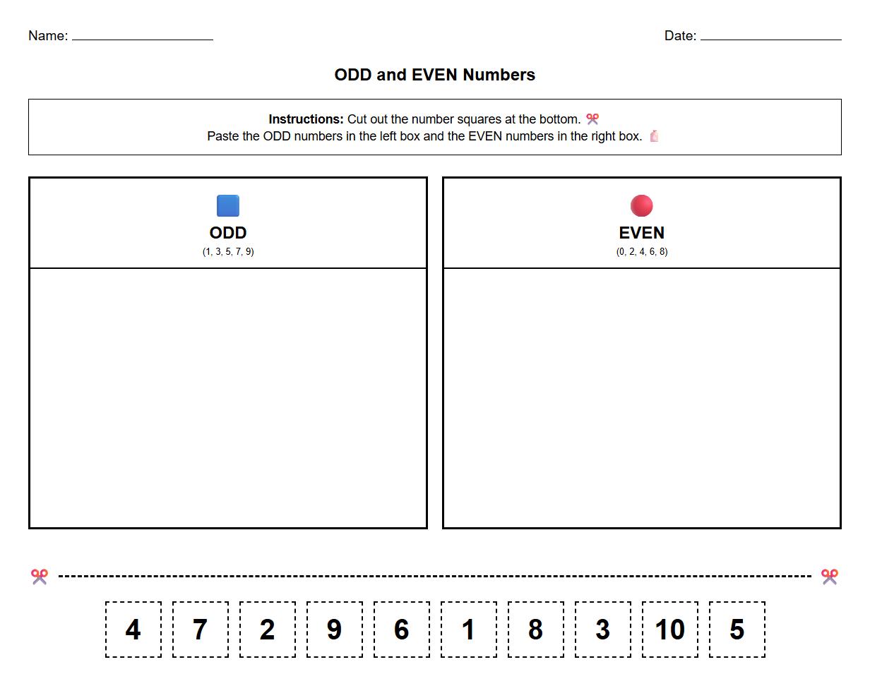 Odd and Even Numbers Cut and Paste Activity