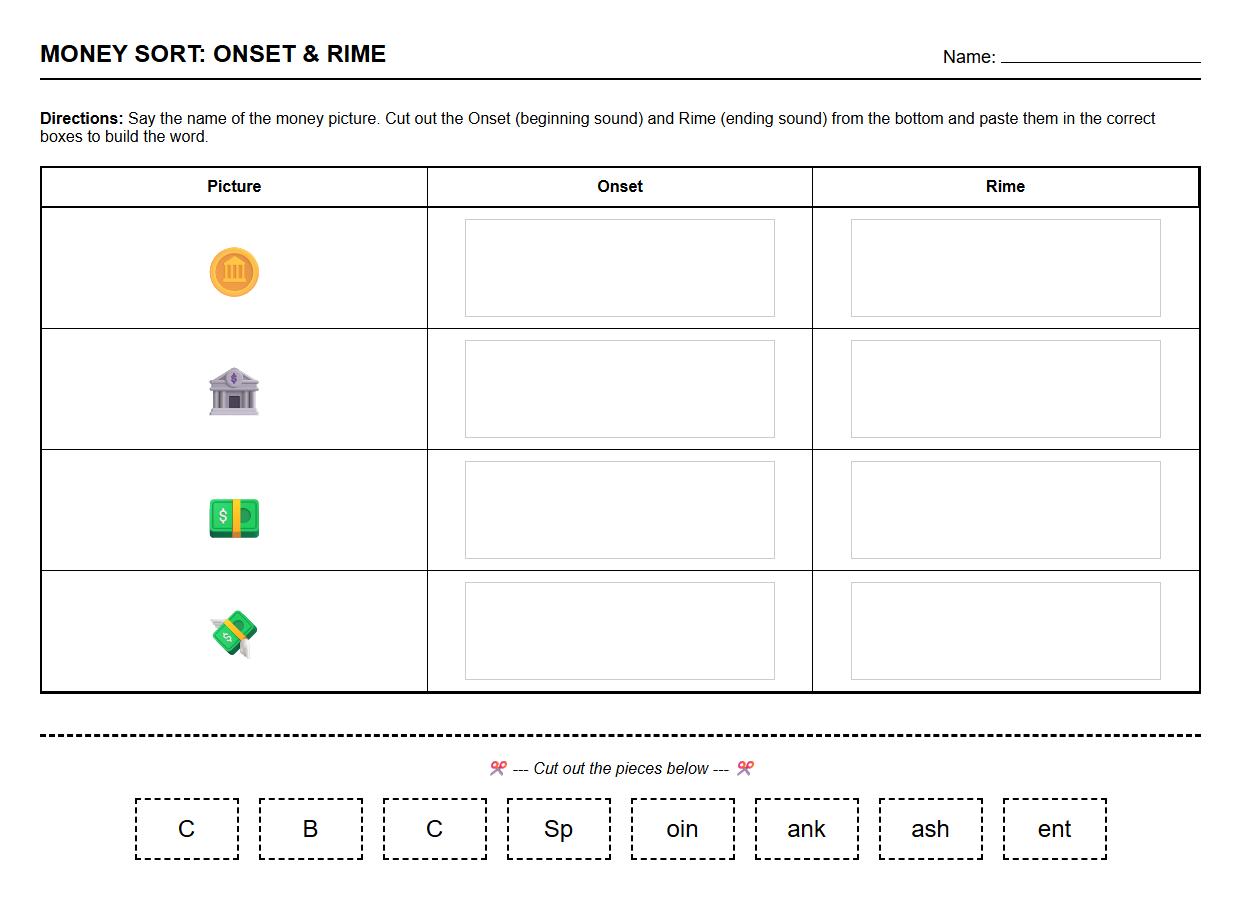 Onset and Rime Money Picture Sort