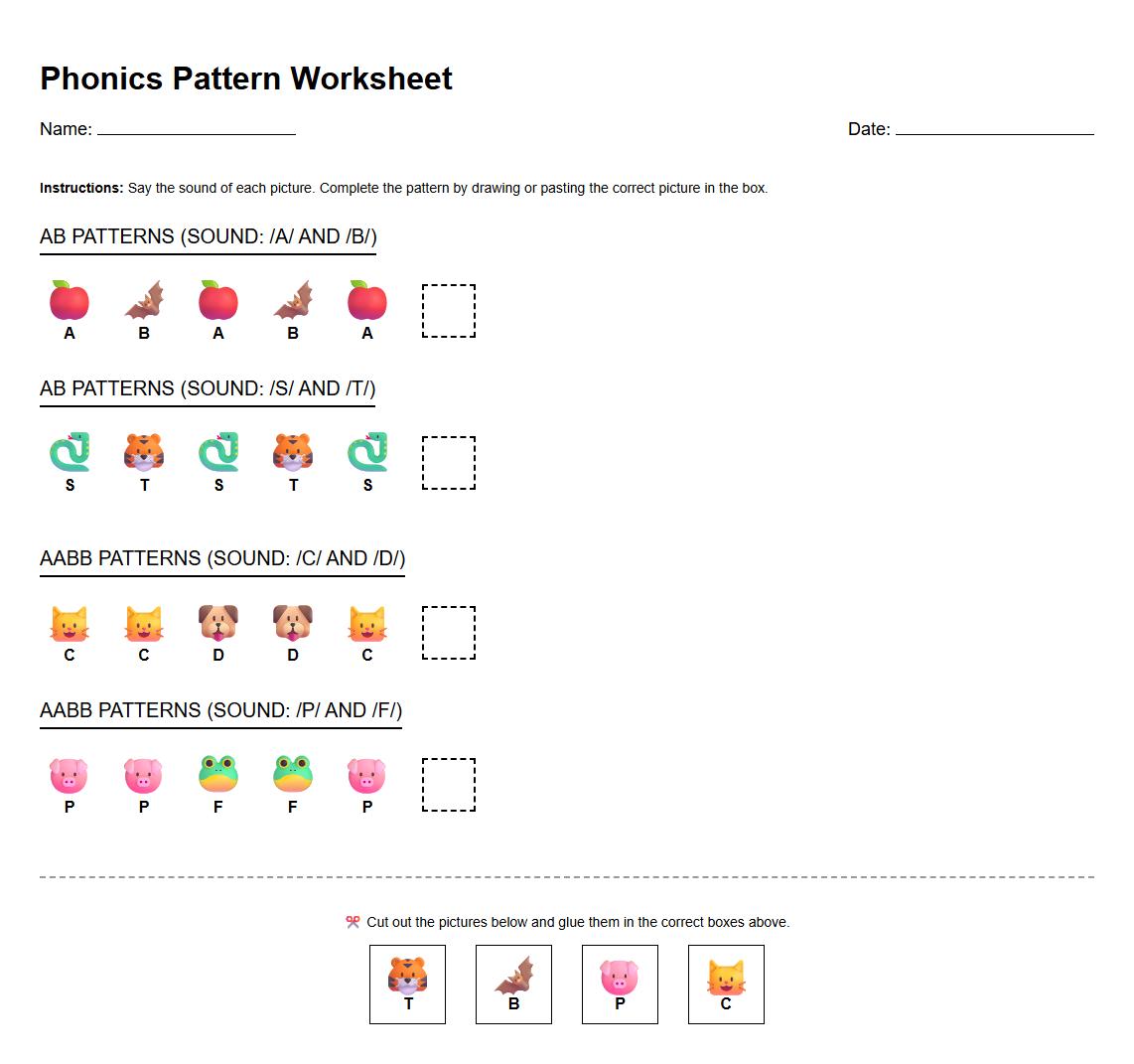 Pattern Completion Worksheet AB, AABB using Phonics Sounds