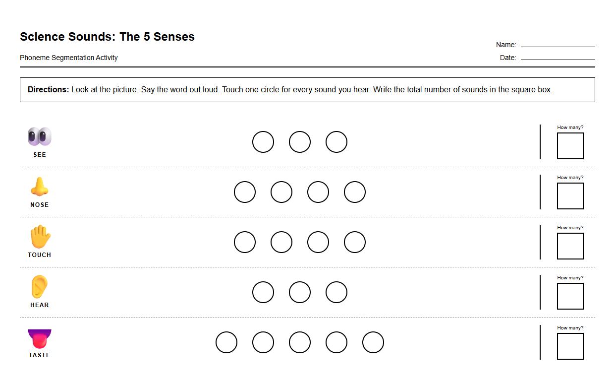 Phoneme segmentation activities with interactive five senses themes