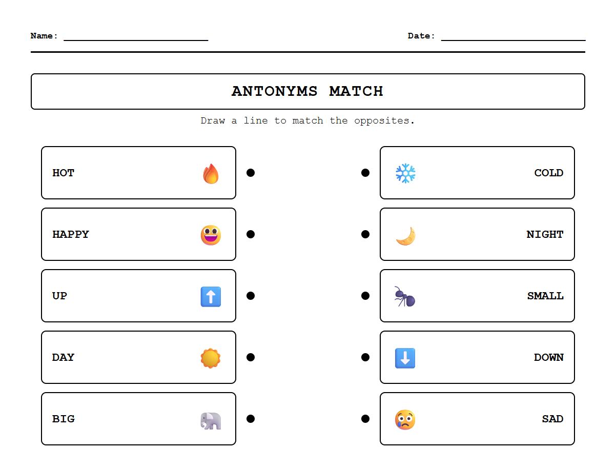 Phonics Antonyms Word Match Worksheet