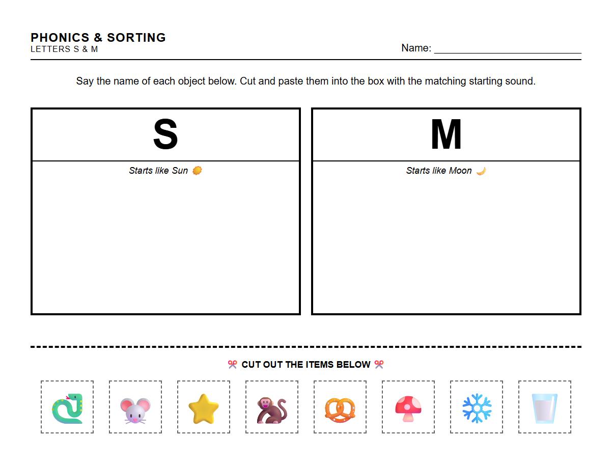 Phonics-based object sorting worksheet