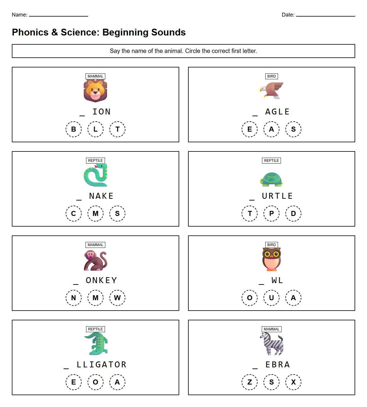 Phonics Beginning Sounds Worksheet with Mammals Birds and Reptiles Names