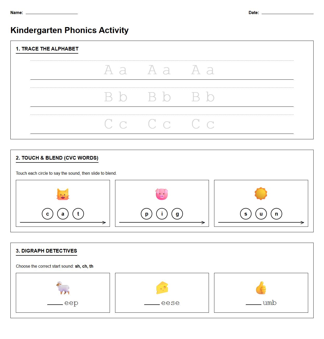 Phonics blending worksheet with alphabet tracing and digraph introduction
