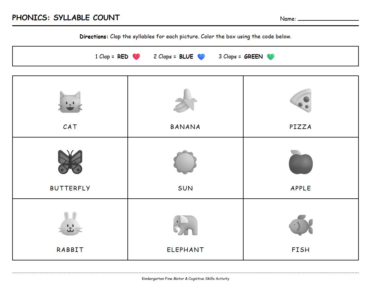 Phonics Color by Syllable Code Kindergarten Worksheet