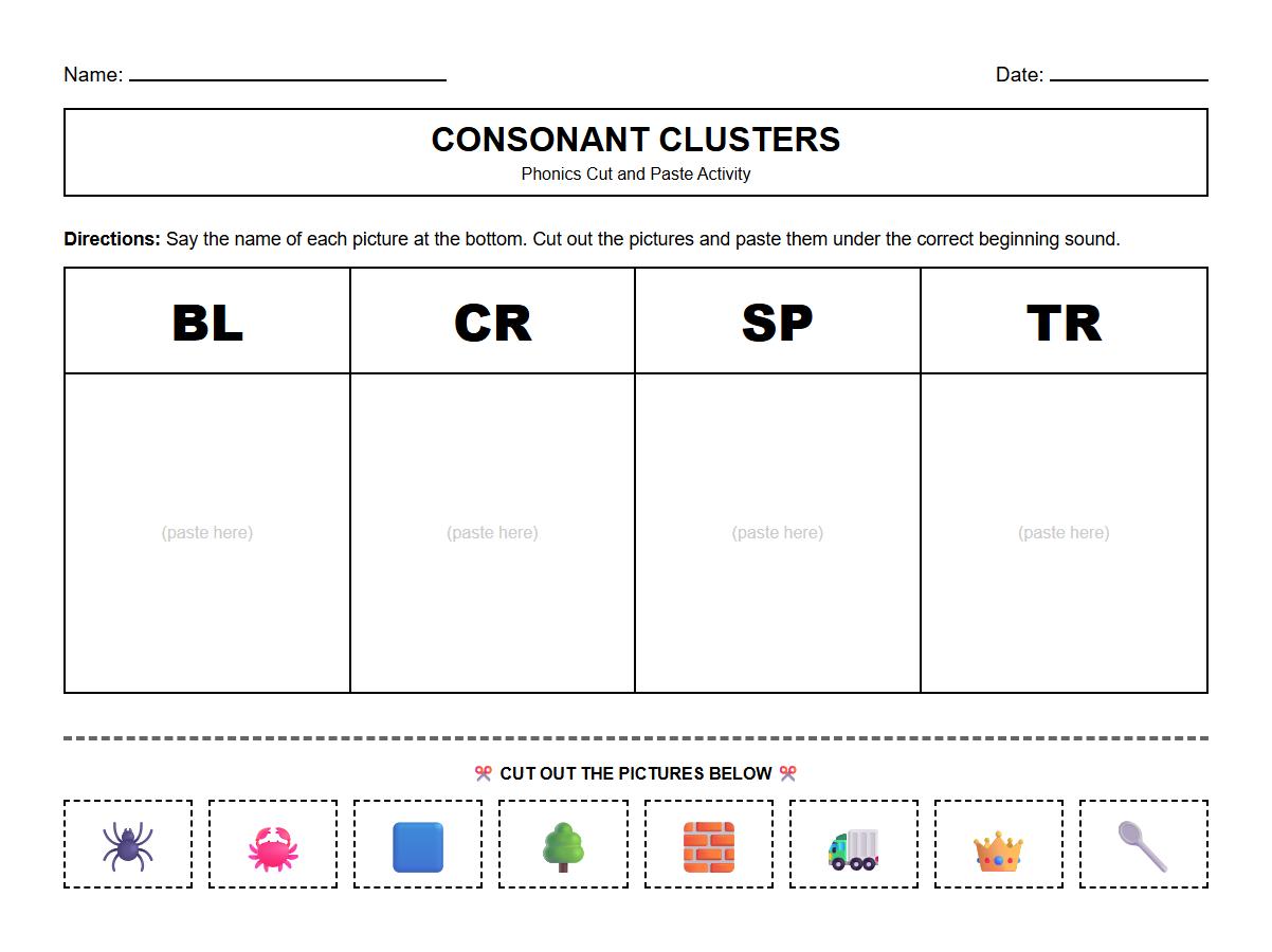 Phonics Consonant Cluster Cut and Paste Activity