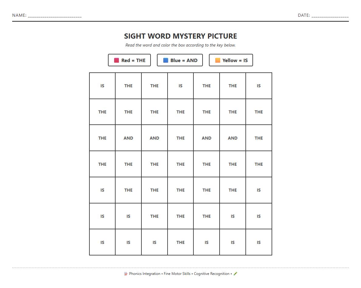 Phonics Integration Sight Words Color by Number Worksheet