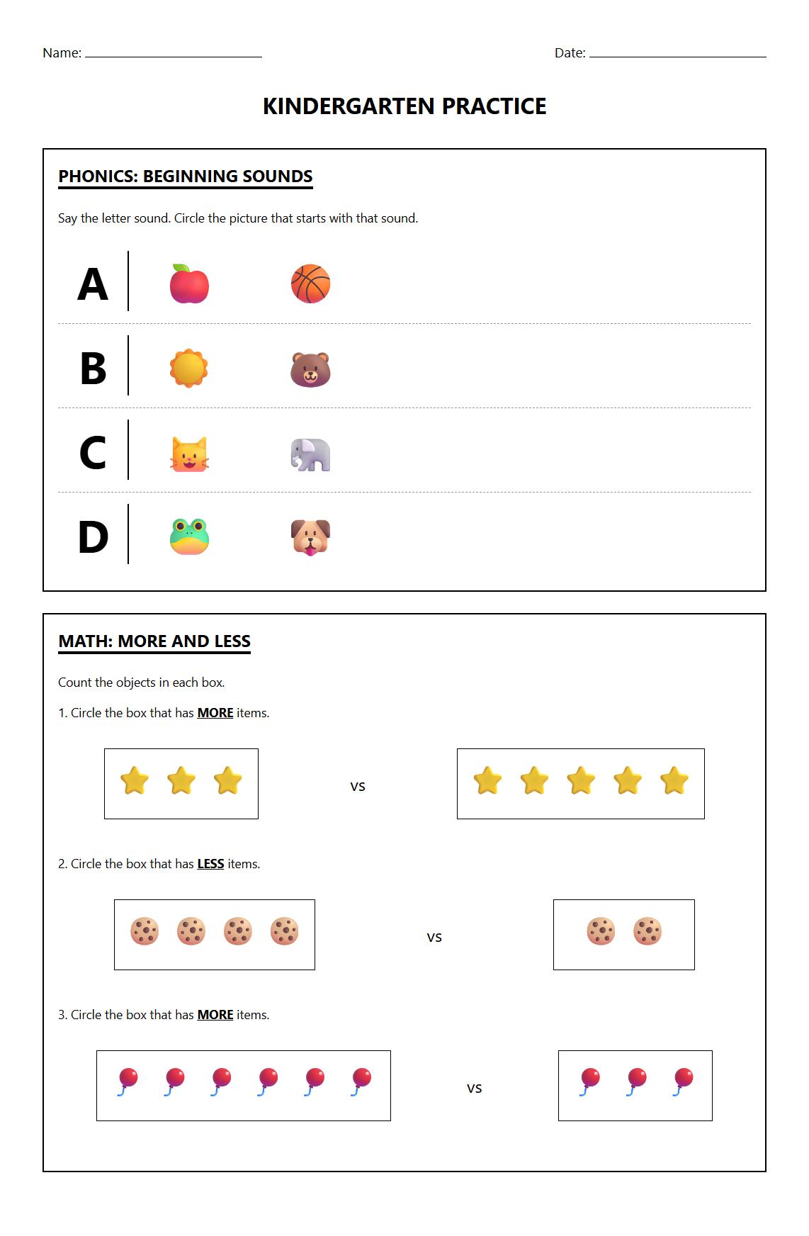 Phonics Practice Worksheet for Identifying More and Less Objects