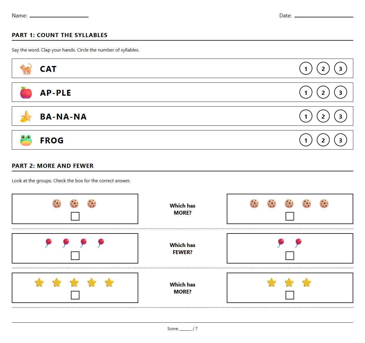 Phonics Syllable Counting Worksheet with More and Fewer Items