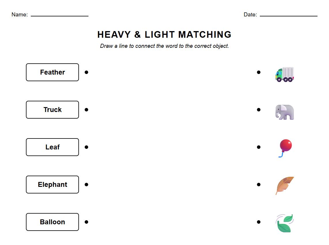 Phonics Vocabulary Matching Heavy Light Object Names