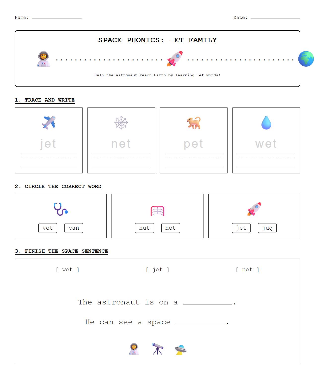 Phonics Word Family Worksheet with Astronaut and Earth Scenes
