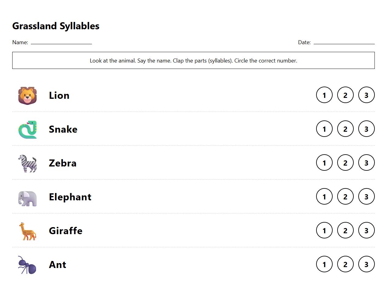Phonics worksheet segmenting syllables of animals found in grasslands