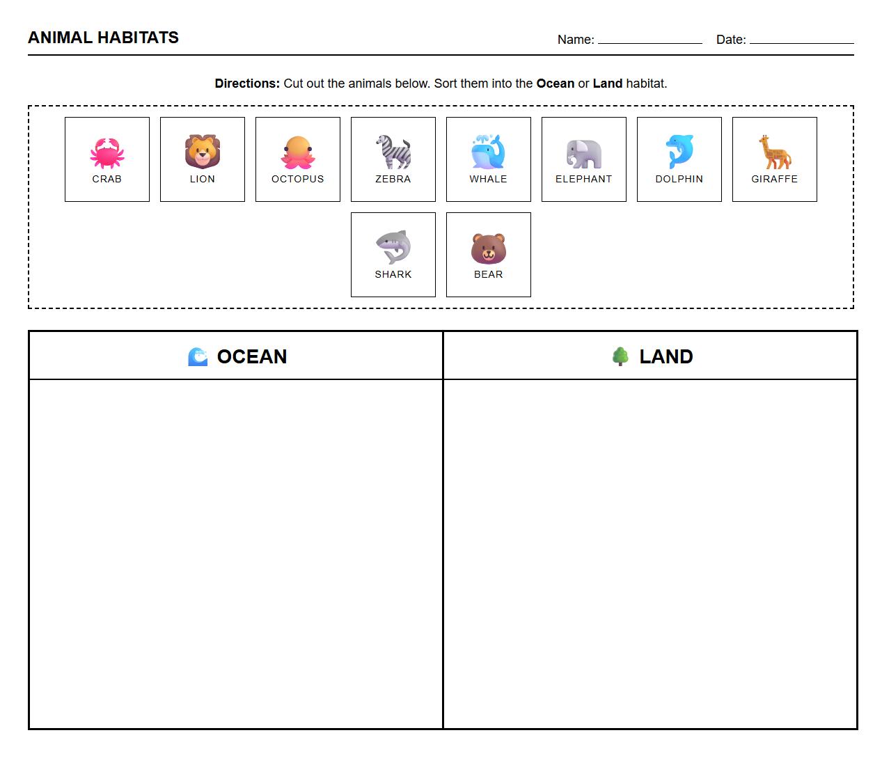 Phonics worksheet sorting animals by ocean and land habitats