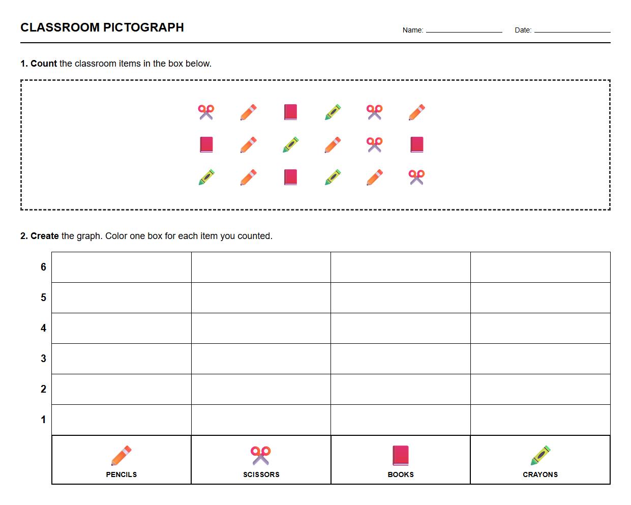 Pictograph creation worksheet using classroom items