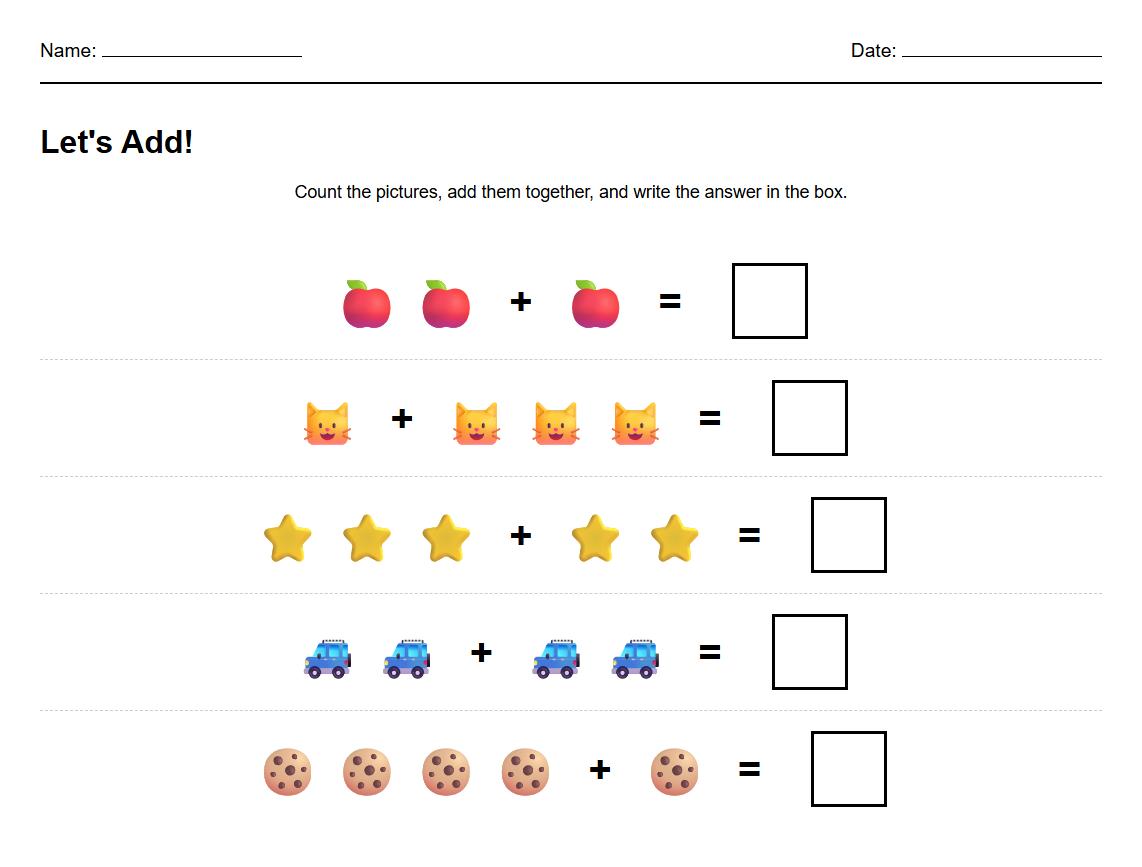 Picture-Based Counting Addition Worksheet