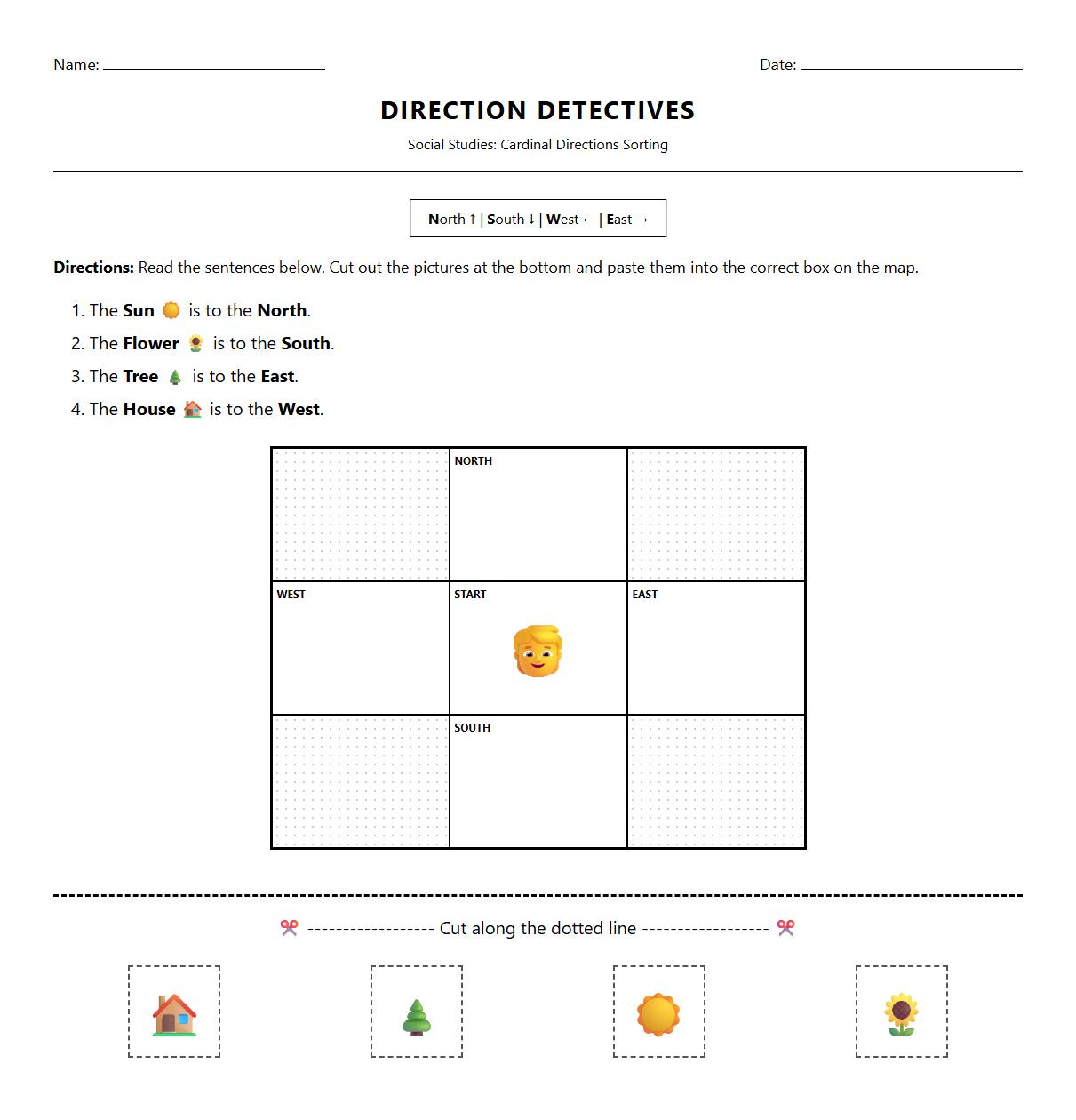 Picture Sorting by Cardinal Directions Worksheet