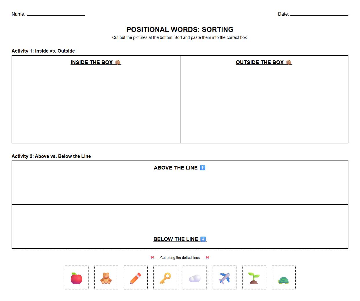 Picture Sorting Using Positional Words Worksheet