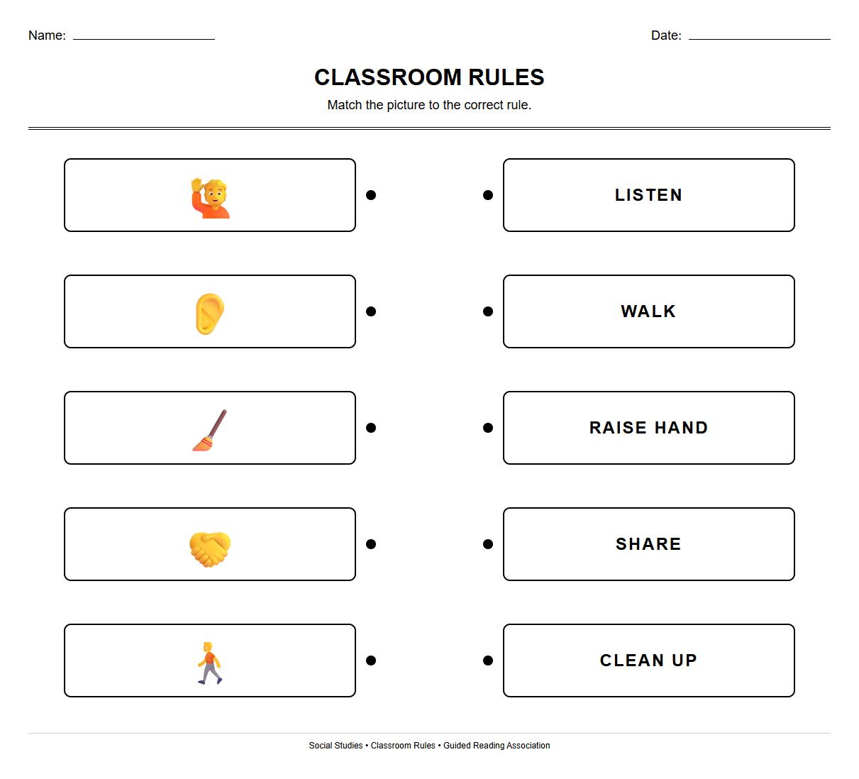 Picture and Word Association Guided Reading Classroom Rules Worksheet