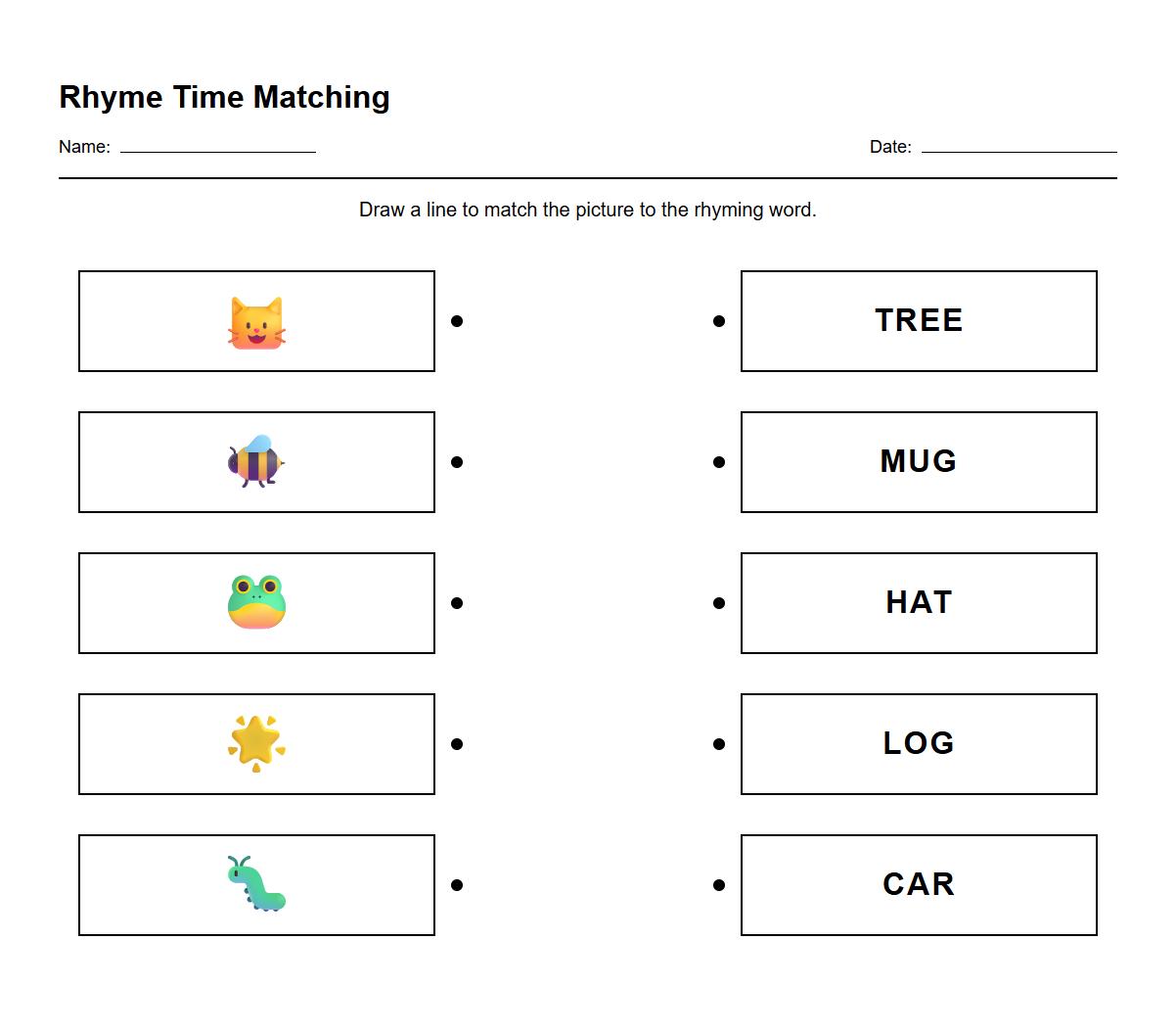 Picture to Word Rhyming Recognition Worksheet