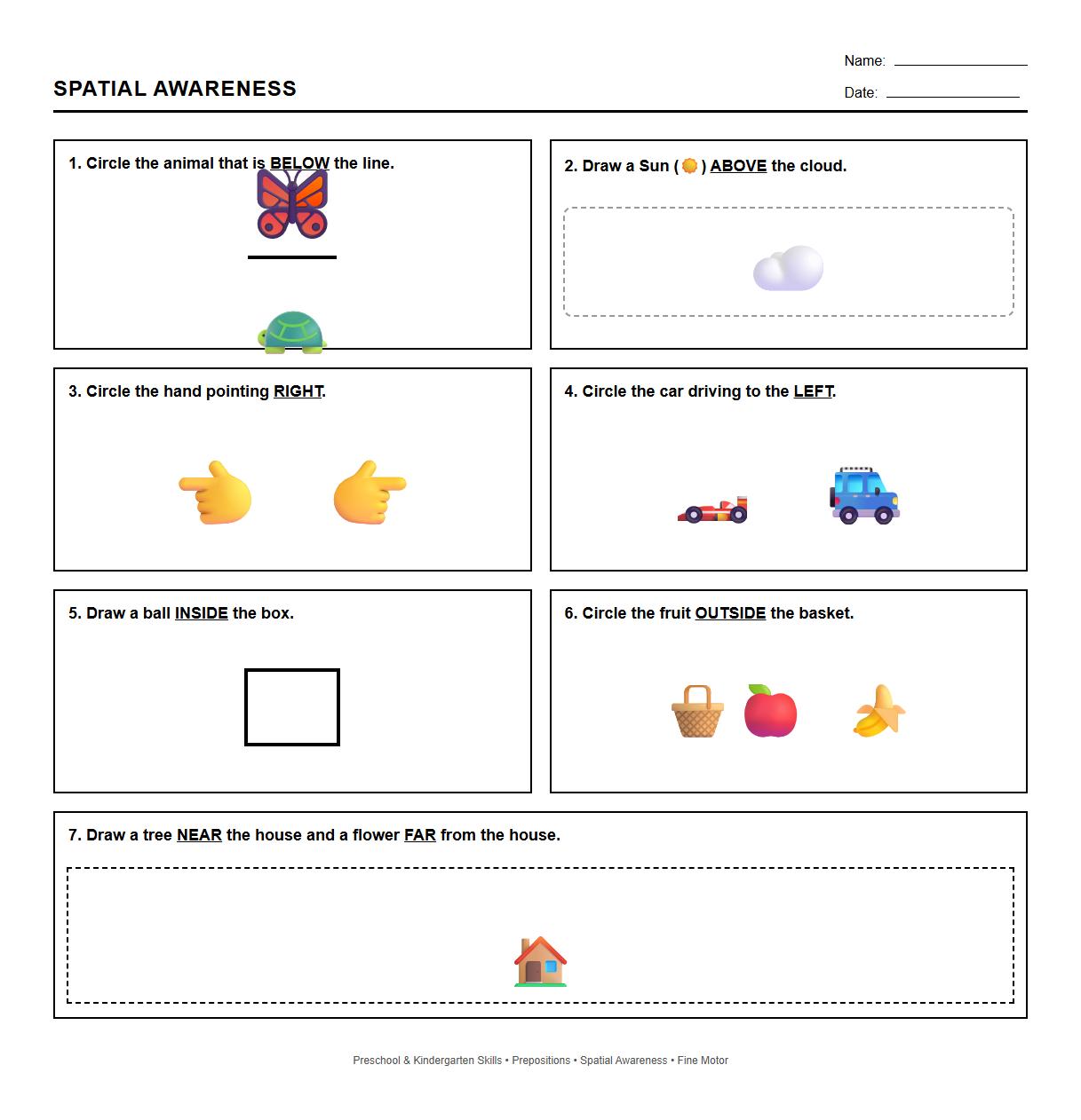 Prepositions and Spatial Awareness Direction Worksheet