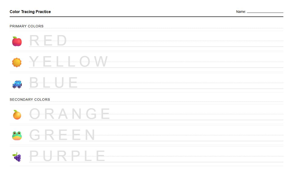 Primary and Secondary Color Tracing Worksheet for Handwriting Practice