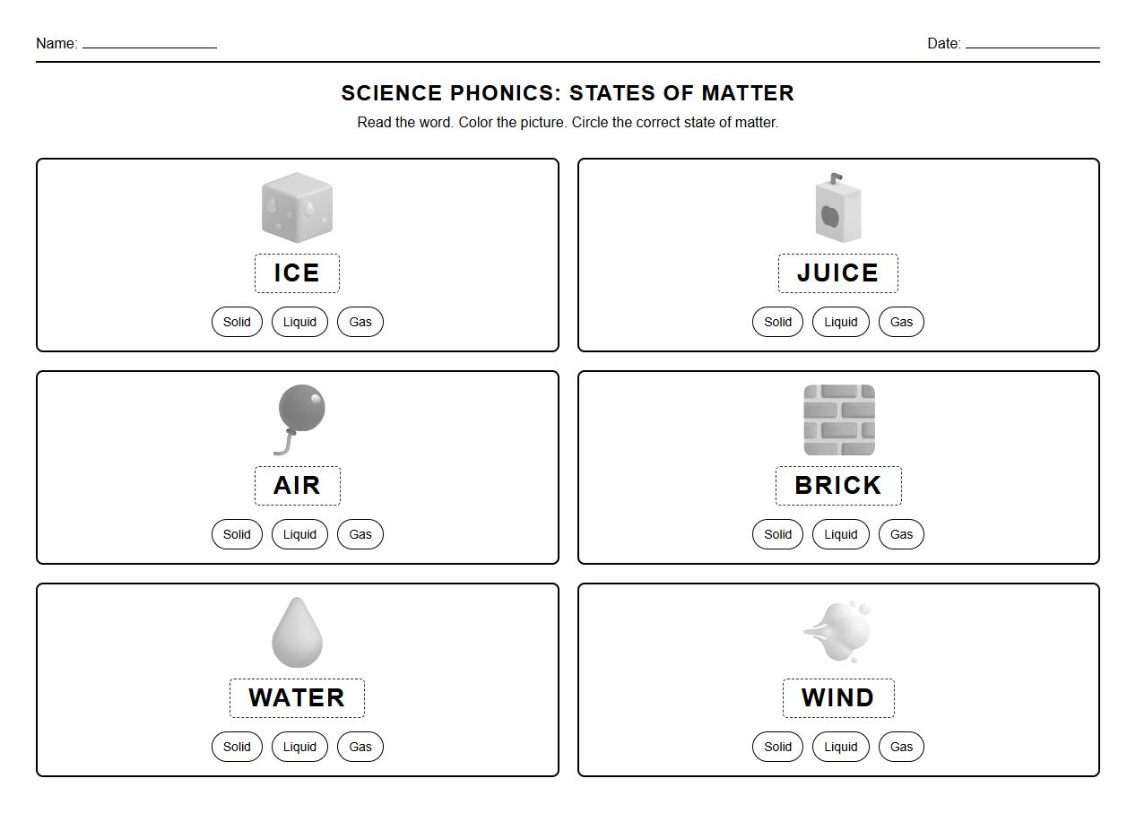 Read and Color Phonics Worksheet for Solids Liquids Gases