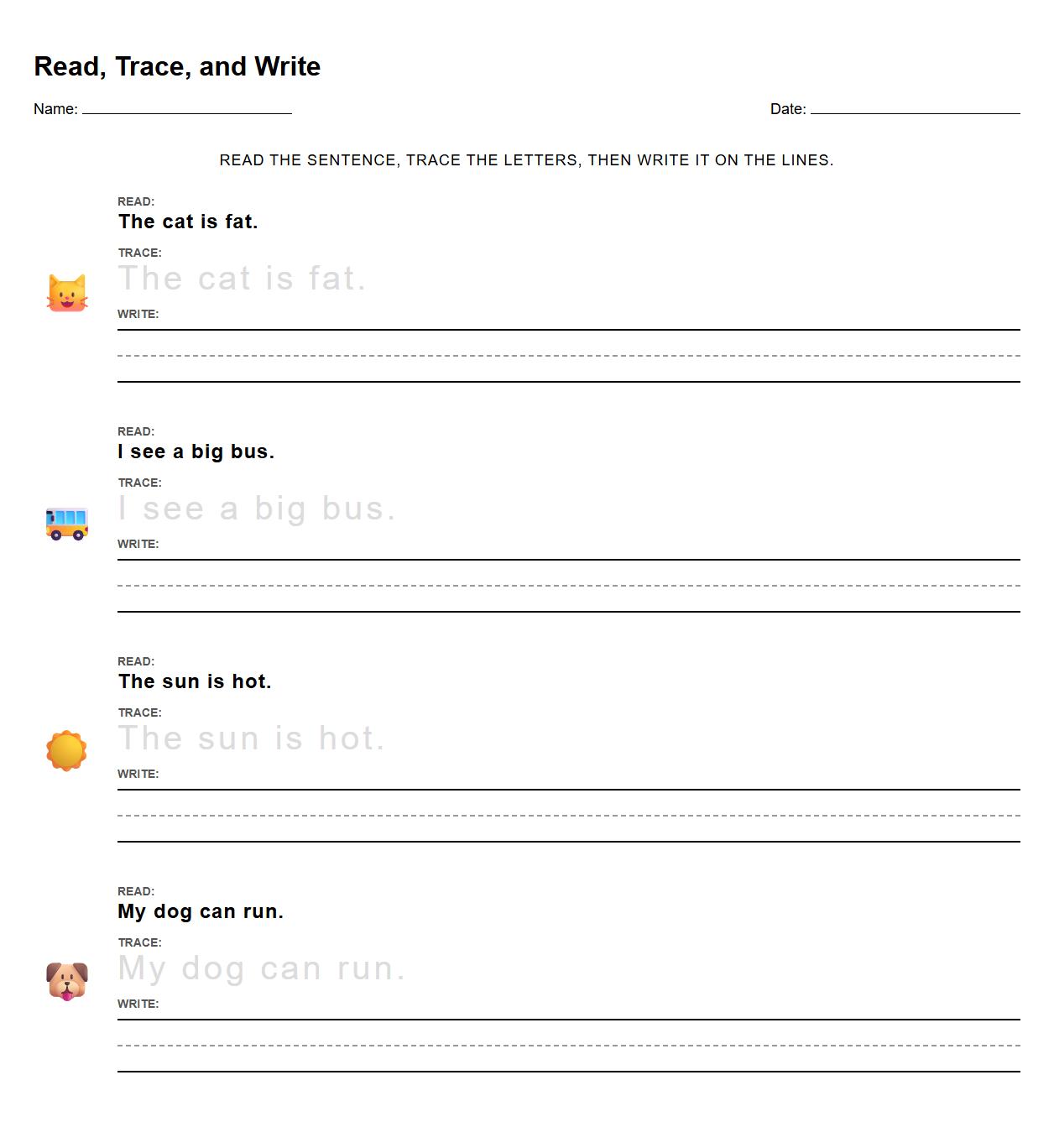 Read Trace and Write Simple Sentence Phonemic Exercise