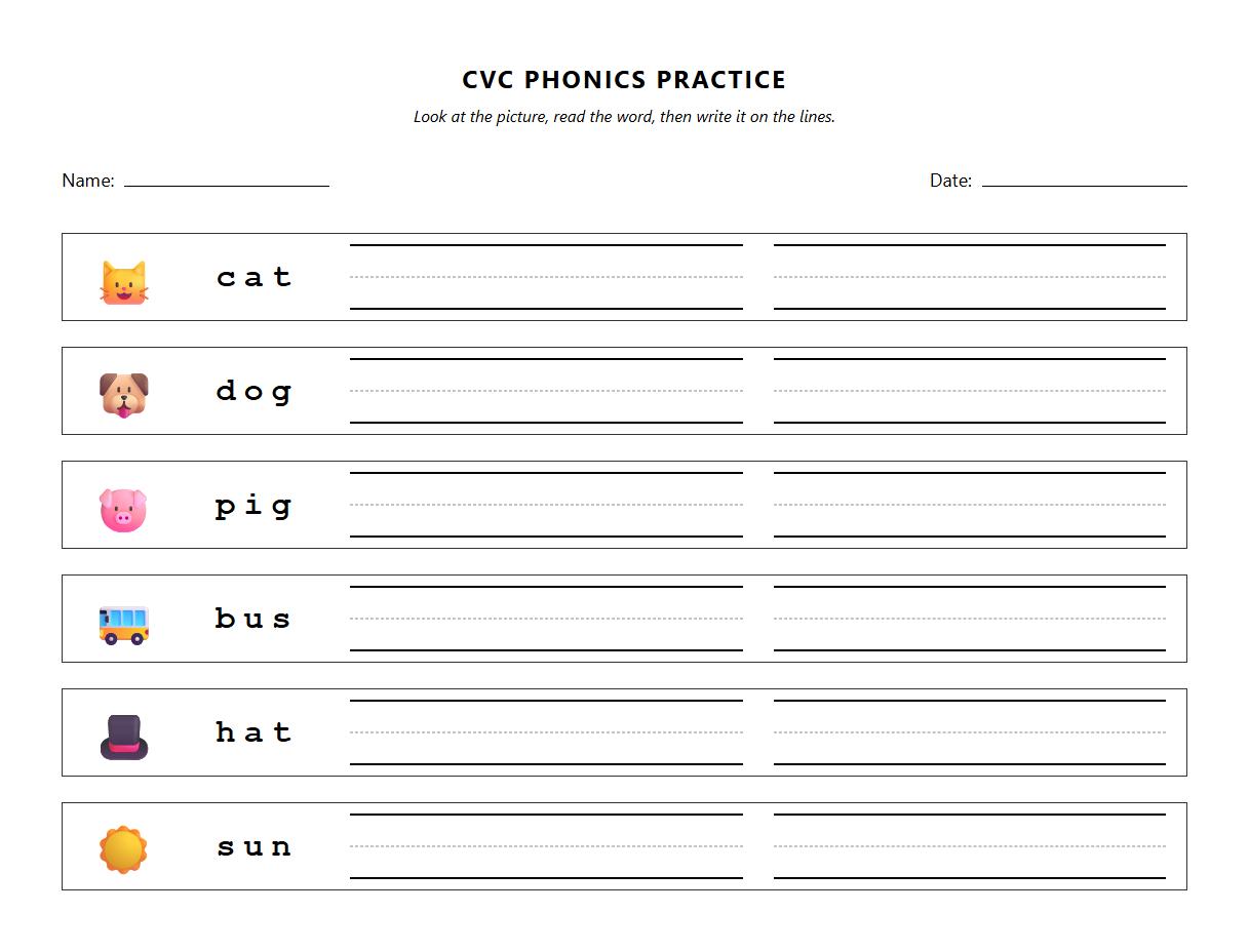Read and Write CVC Words Phonics Practice Sheet