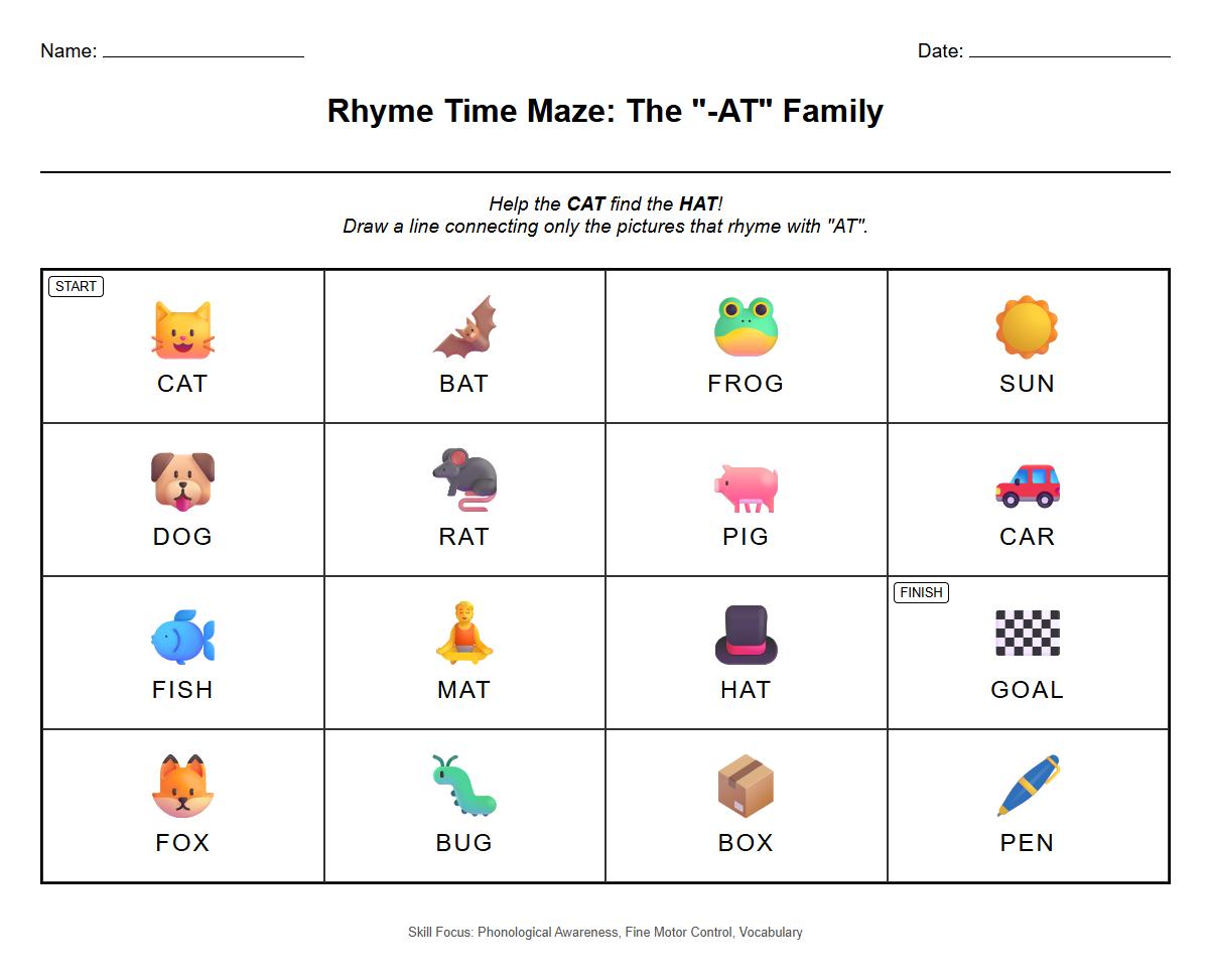 Rhyming Word Family Visual Maze for Phonological Awareness