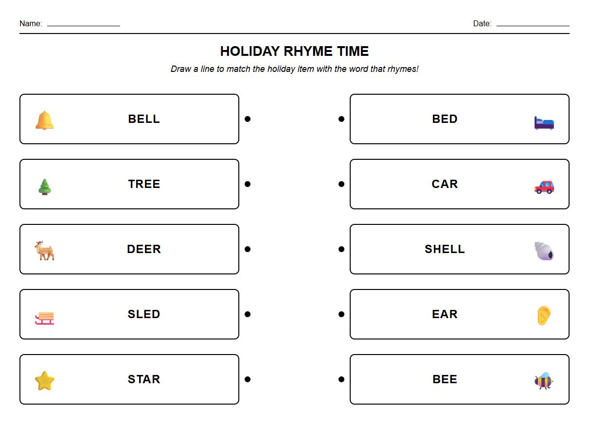 Rhyming Word Matching Activity featuring Holiday Celebrations
