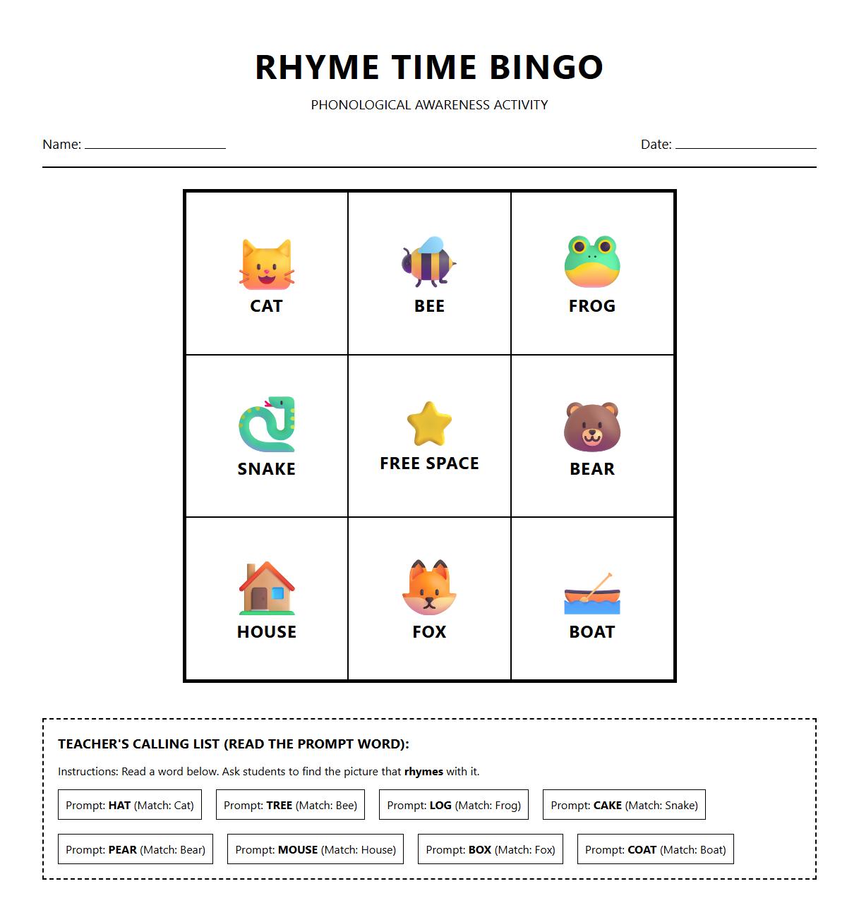 Rhyming Words Bingo Game Sheet for Phonological Manipulation