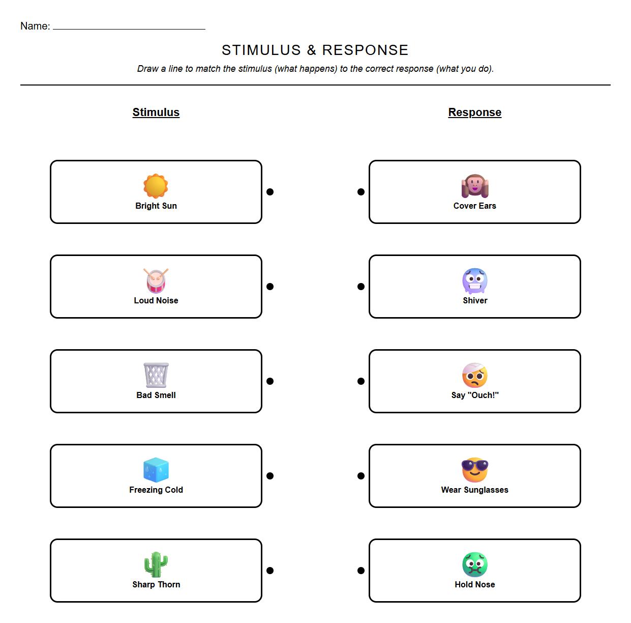 Sensory Stimulus and Response Matching Worksheet