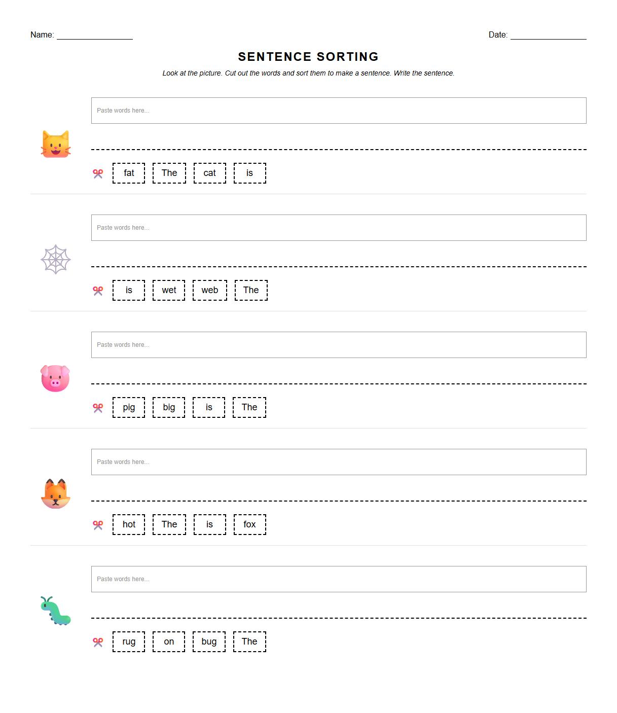 Sentence Sorting Worksheets Emphasizing Short Vowel Sounds