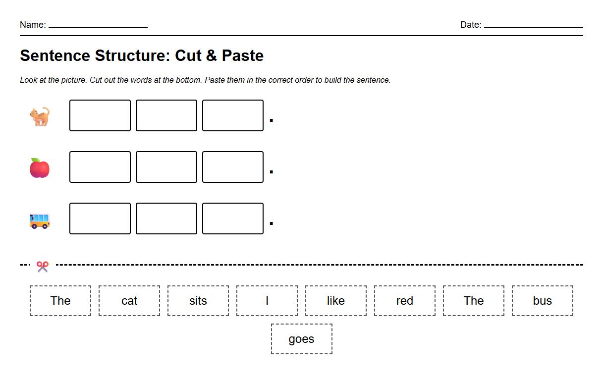 Sentence Structure Cut and Paste Activity