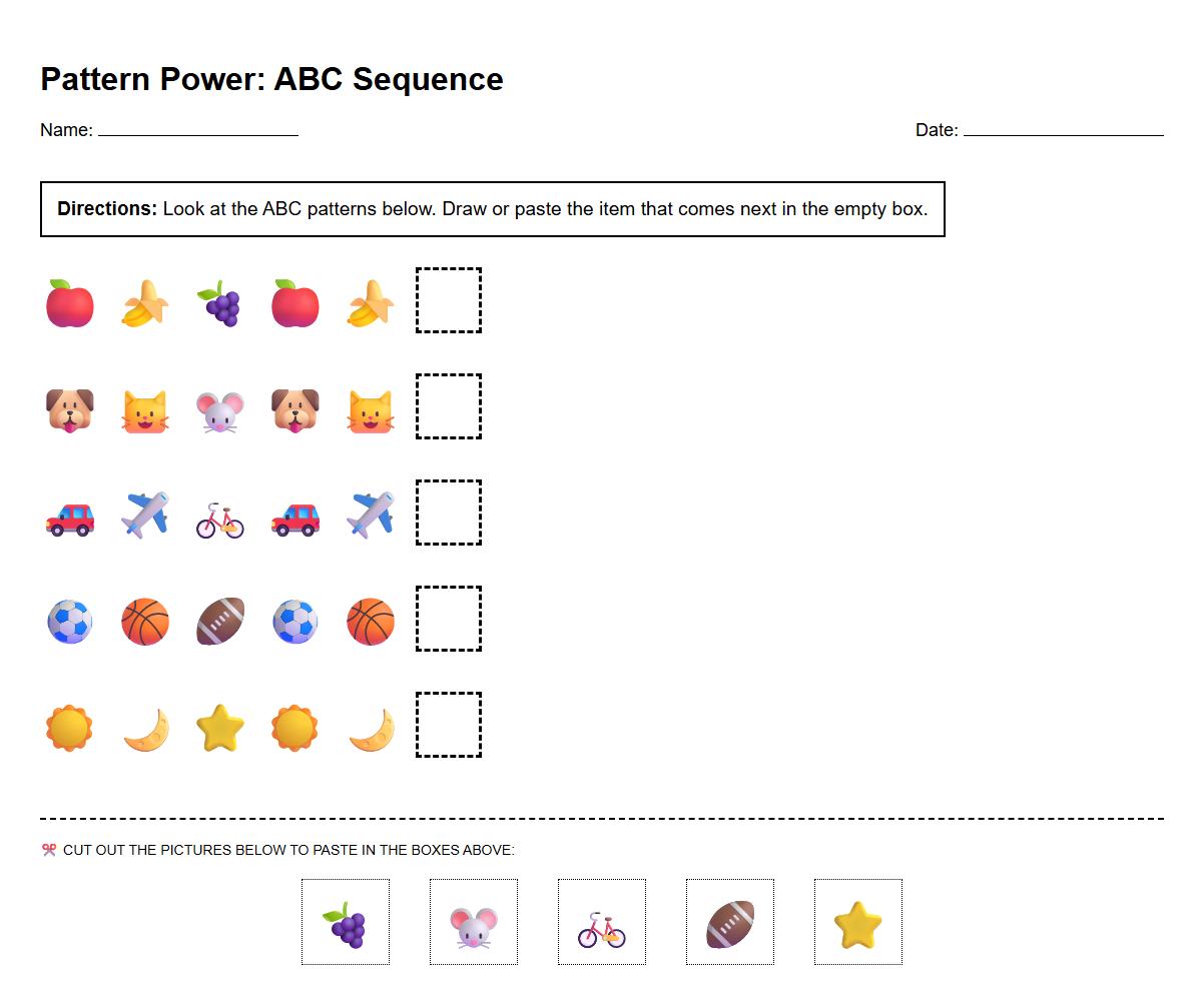 Sequencing ABC Patterns with Visual Cues Worksheet