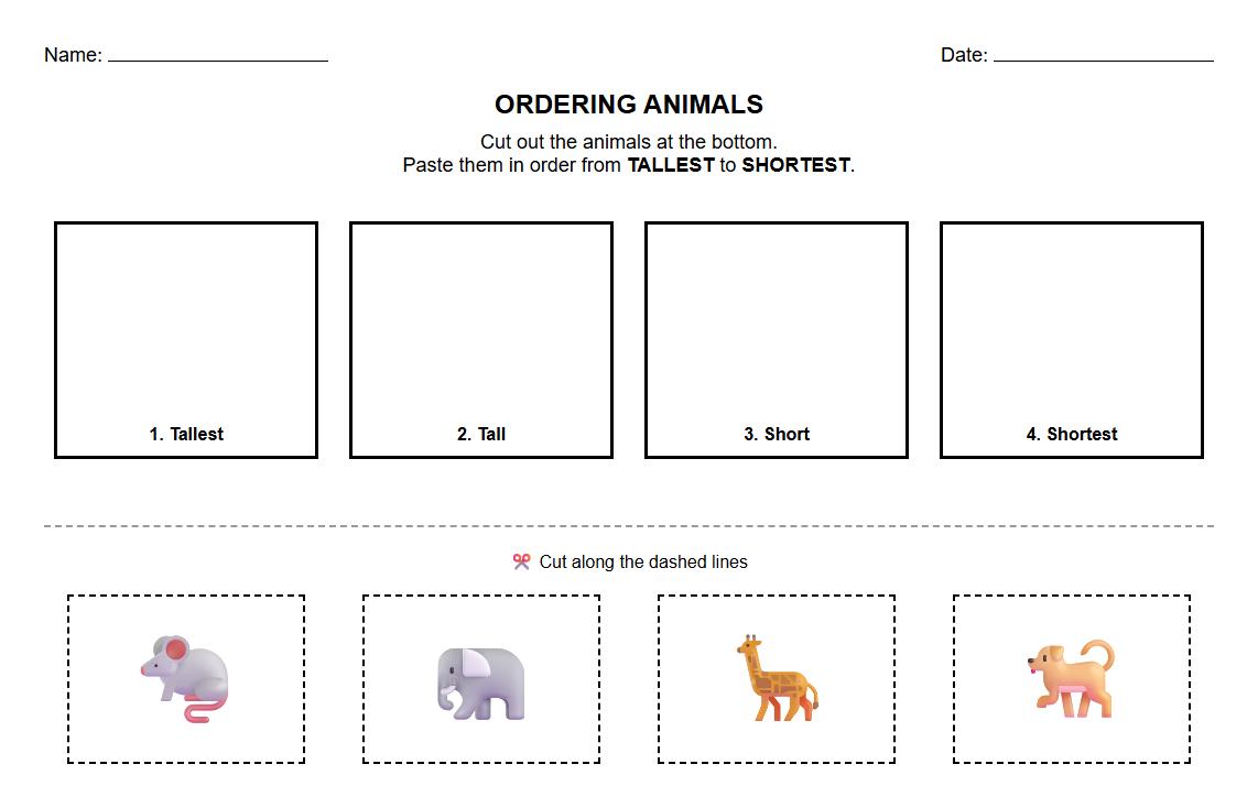 Sequencing Animals from Tall to Short Kindergarten Math Worksheet