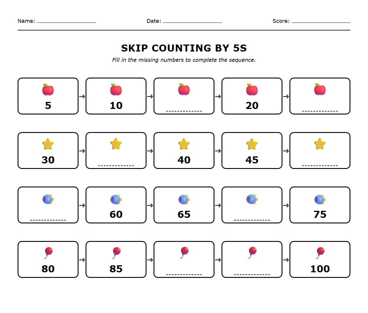 Sequencing Numbers Skip Counting by 5s Worksheet