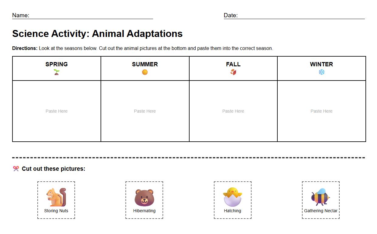Sequencing Pictures Activity for Animal Adaptations Per Season