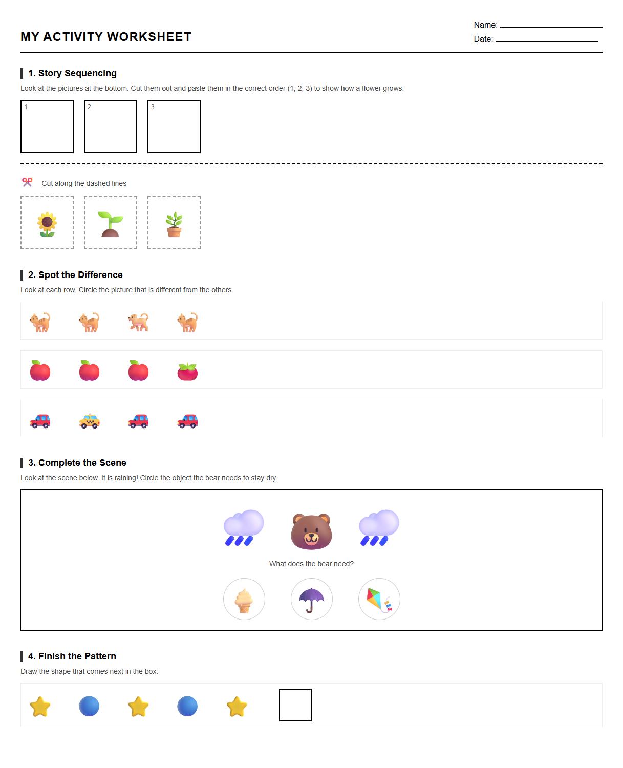 Sequencing Skills Spot the Difference Worksheet with Story Scenes