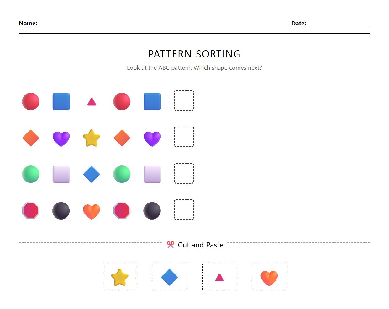 Shape and Color Sorting using ABC Pattern Worksheet
