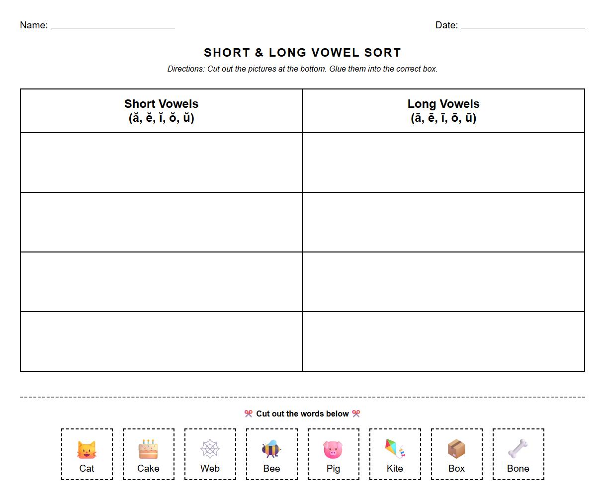 Short and Long Vowel Word Sorting Worksheet Phonics
