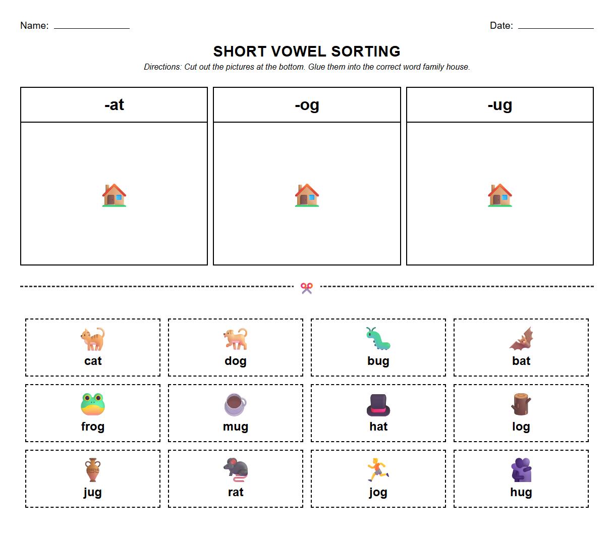 Short Vowel Word Family Sorting Activity