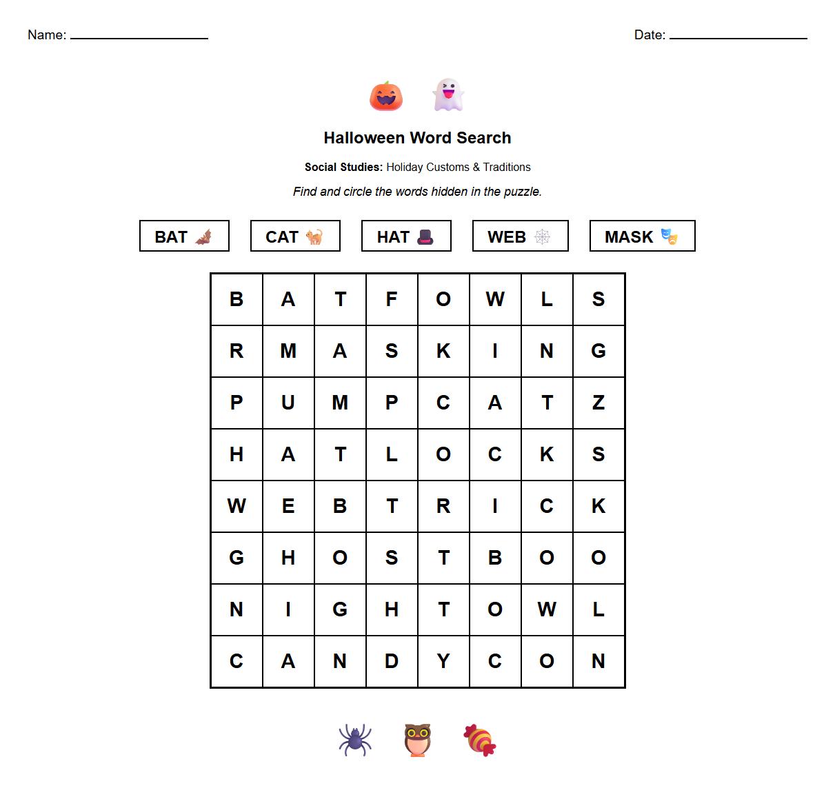 Sight Word Search Using Halloween Themed Words