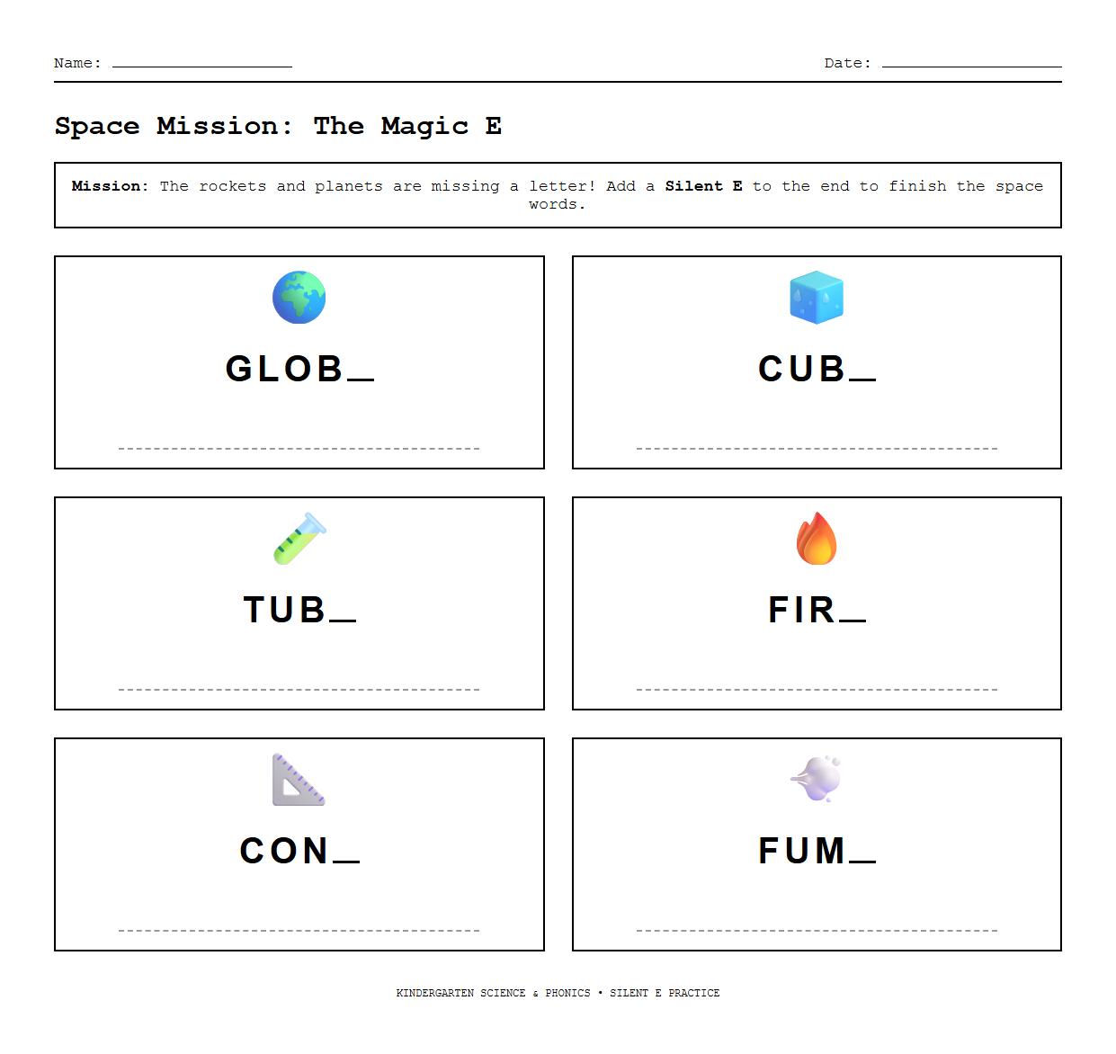 Silent E Words in Space Context Phonics Exercise