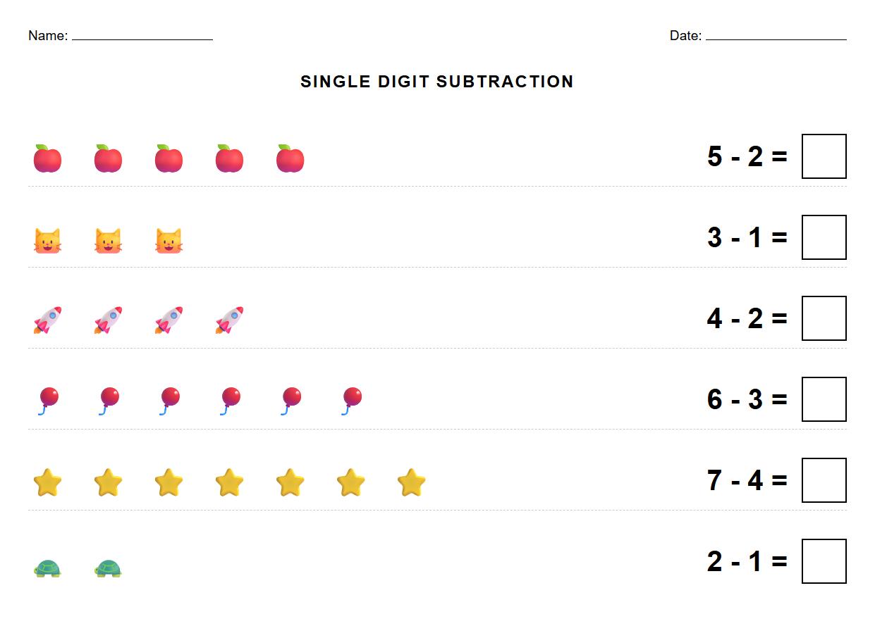 Single Digit Subtraction with Visual Aids Worksheet