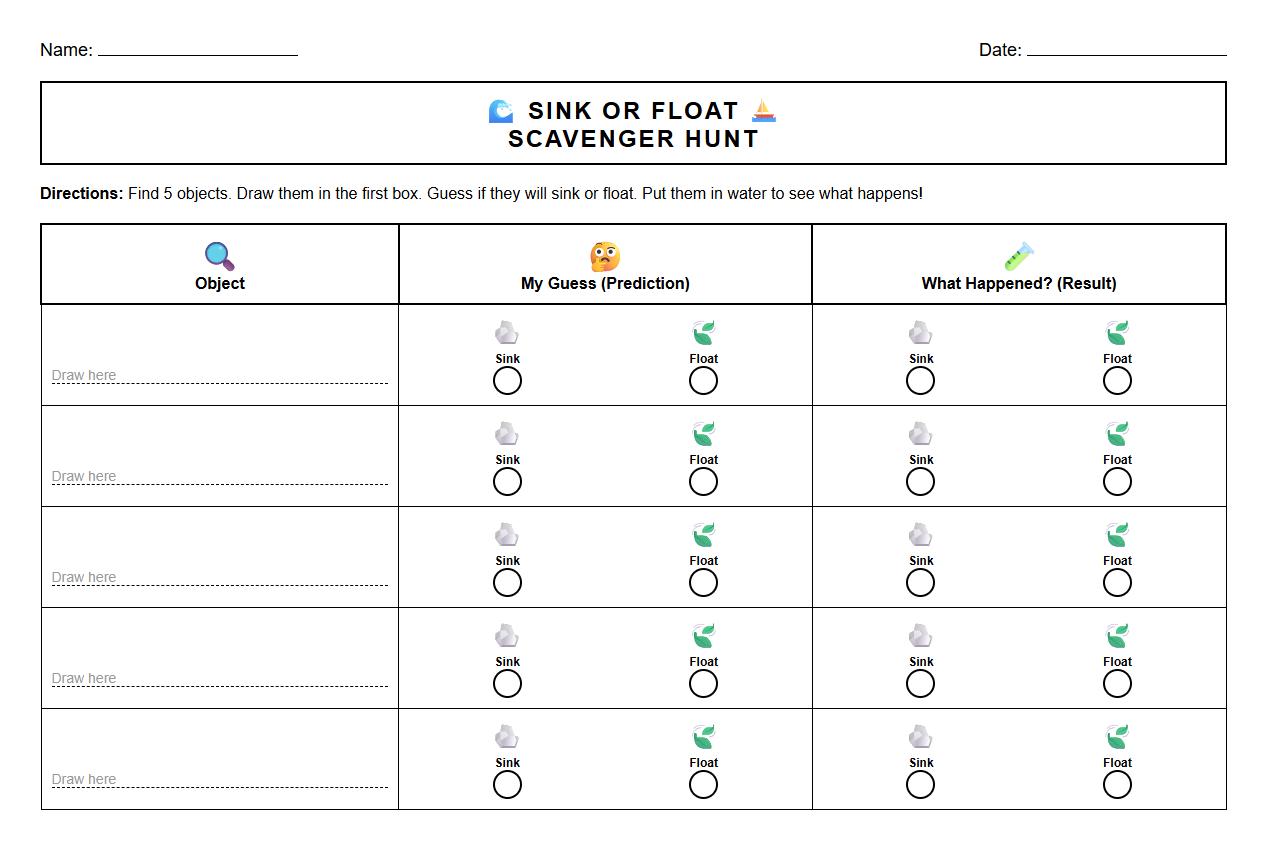 Sink or Float Scavenger Hunt STEM Worksheet